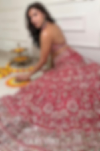 Cranberry Red Tussar Thread Embroidered Wedding Lehenga Set by GOPI VAID at Pernia's Pop Up Shop