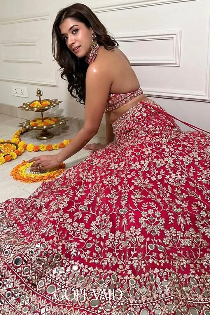 Cranberry Red Tussar Thread Embroidered Wedding Lehenga Set by GOPI VAID at Pernia's Pop Up Shop