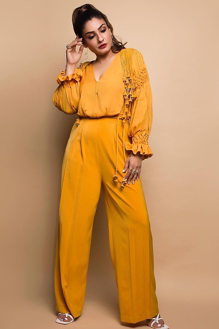 Canary Yellow Crepe Jumpsuit by Babita Malkani at Pernia's Pop Up Shop