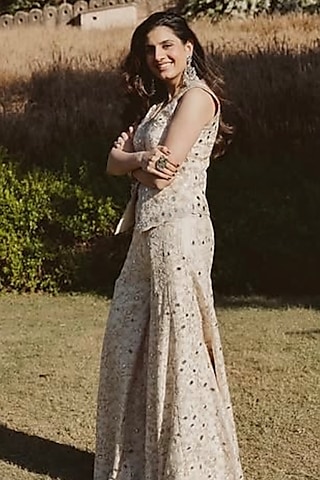 Ivory Tussar Embroidered Sharara Set by GOPI VAID