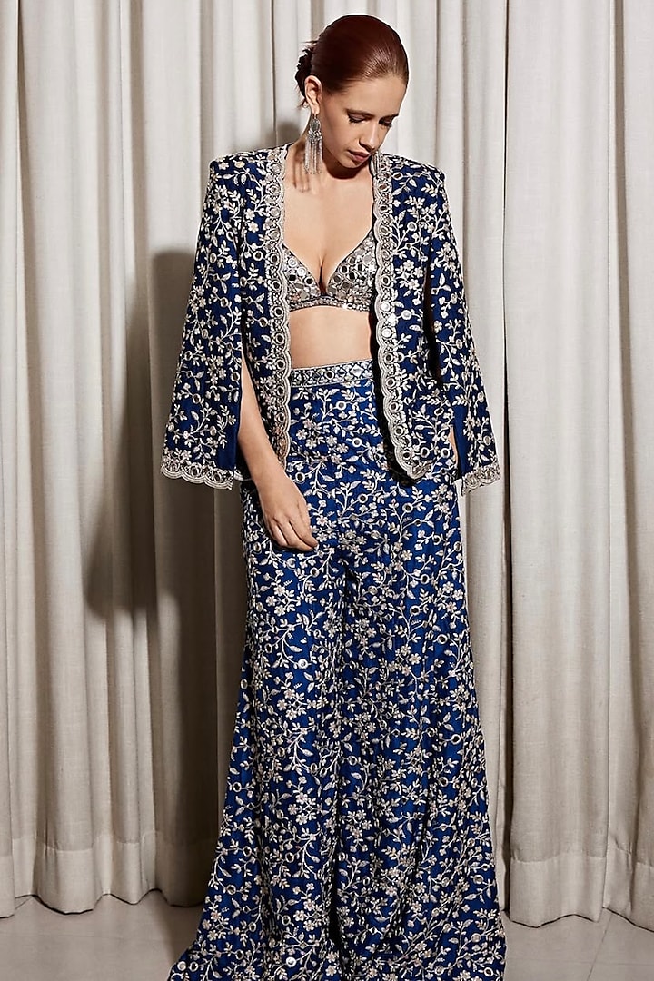 Blue Tussar Embroidered Jacket Set by Gopi Vaid at Pernia's Pop Up Shop