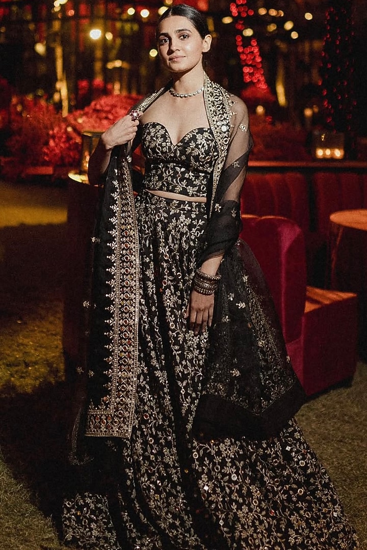 Black Tussar Floral Embroidered Wedding Lehenga Set by GOPI VAID at Pernia's Pop Up Shop
