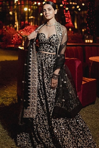 Black Tussar Floral Embroidered Lehenga Set by GOPI VAID