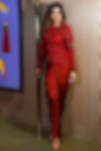Red Satin Organza Draped Skirt Set by ASAGA at Pernia's Pop Up Shop