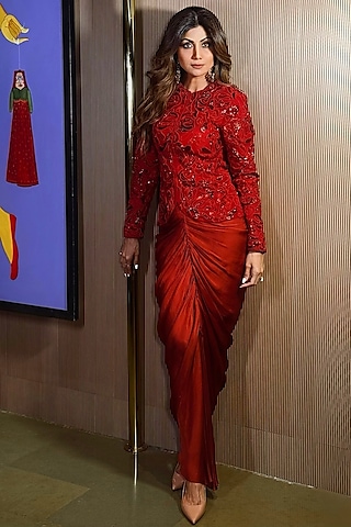 Red Satin Organza Draped Skirt Set by ASAGA