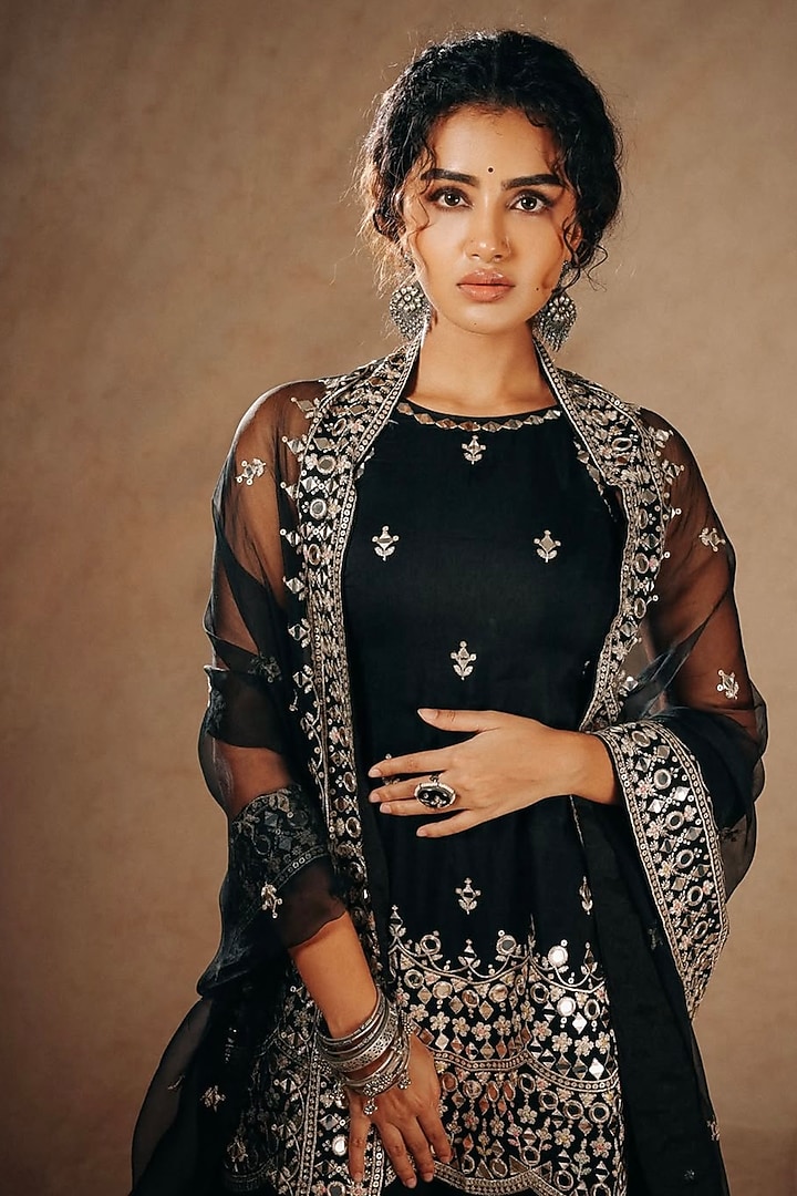Black Tussar Embroidered Wedding Sharara Set by GOPI VAID at Pernia's Pop Up Shop