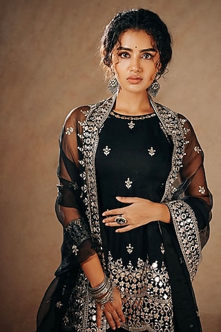 Black Tussar Embroidered Sharara Set by GOPI VAID