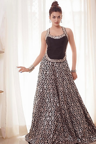 Black Organza Embroidered Lehenga Set by GOPI VAID