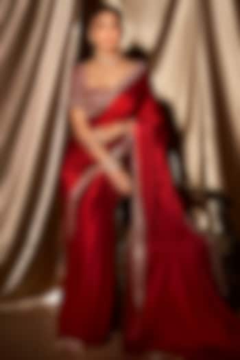 Crimson Red Satin Mirror Embroidered Wedding Saree Set by Vvani By Vani Vats at Pernia's Pop Up Shop