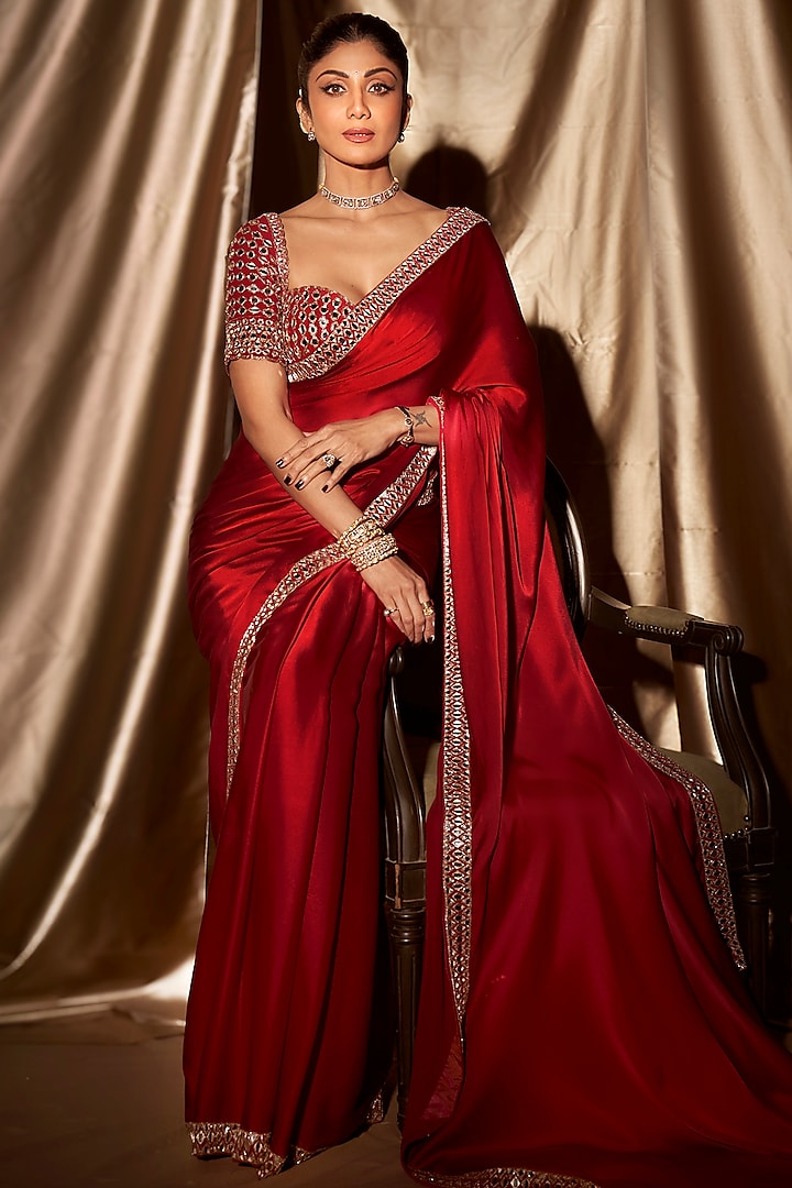 Crimson Red Satin Mirror Embroidered Wedding Saree Set by Vvani By Vani Vats at Pernia's Pop Up Shop
