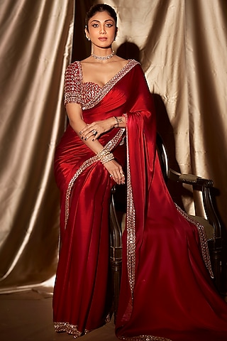 Crimson Red Satin Mirror Embroidered Saree Set by Vvani By Vani Vats