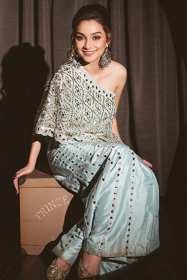 Blue Tussar Flared Pant Set by GOPI VAID at Pernia's Pop Up Shop