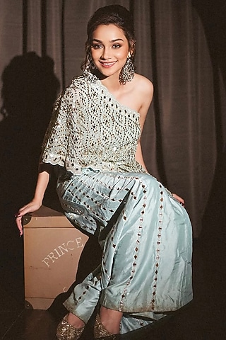 Blue Tussar Flared Pant Set by GOPI VAID