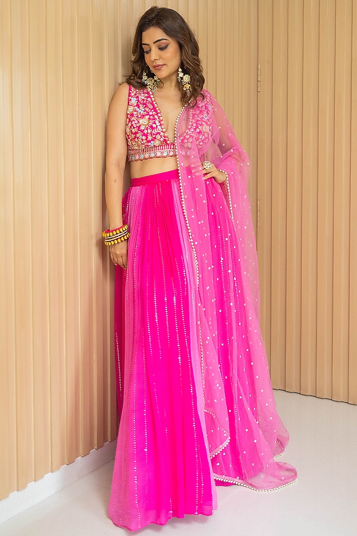 Hot Pink Georgette Shaded Wedding Lehenga Set by Chamee and Palak at Pernia's Pop Up Shop