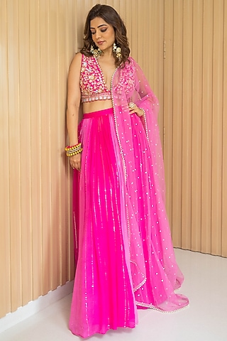 Hot Pink Georgette Shaded Lehenga Set by Chamee and Palak