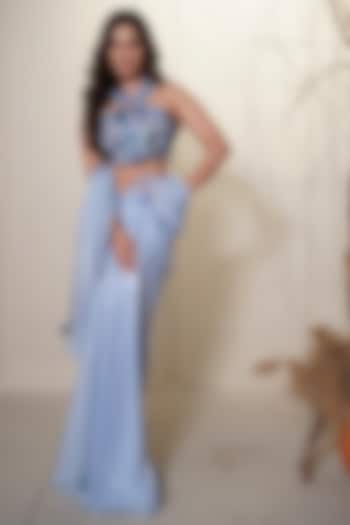Ice Blue Organza Pre-Draped Wedding Saree Set by One Knot One By Ashna at Pernia's Pop Up Shop