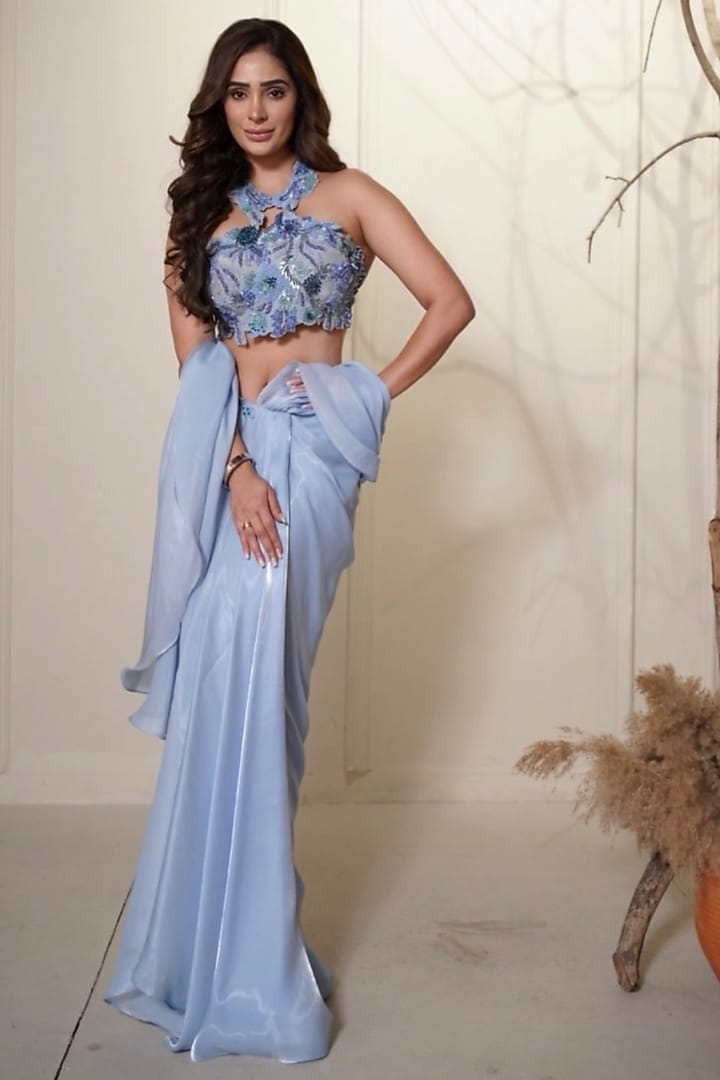 Ice Blue Organza Pre-Draped Wedding Saree Set by One Knot One By Ashna at Pernia's Pop Up Shop