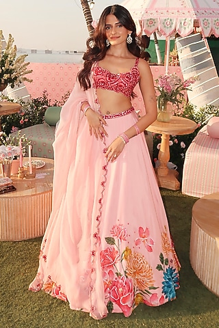 Blush Pink Dola Silk 3D Floral Embroidered Lehenga Set by Krishna Padia