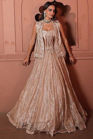 Gunmetal Gold Tissue Embroidered Jacket Lehenga Set by Ridhi Mehra