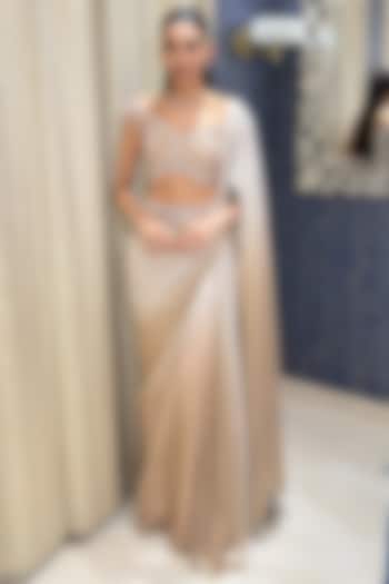 Metallic Champagne Ombre Foil Georgette Embroidered Draped Wedding Saree Set by Shashank Arya at Pernia's Pop Up Shop