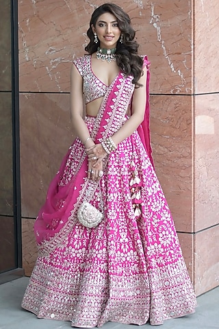 Pink Tussar Thread & Mirror Embellished Kalidar Lehenga Set by GOPI VAID