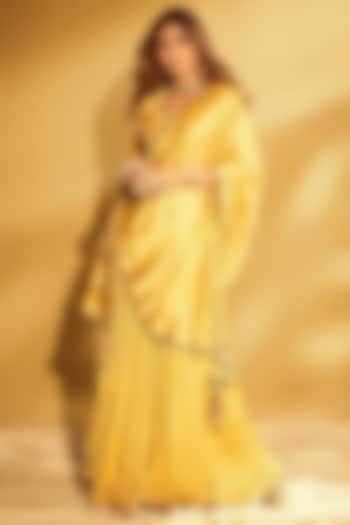 Yellow Chanderi Silk & Habutai Silk Crushed  dulhan bday 22 may Lehenga Set by Niti Bothra at Pernia's Pop Up Shop