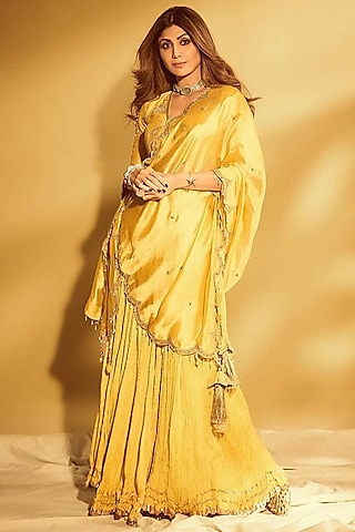 Yellow Chanderi Silk & Habutai Silk Crushed Lehenga Set by Niti Bothra