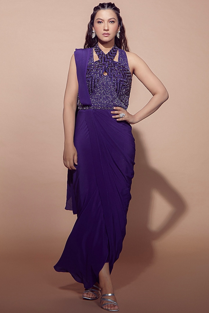 Violet Silk Crepe Crystal Work Wedding Gown Saree by Babita Malkani at Pernia's Pop Up Shop