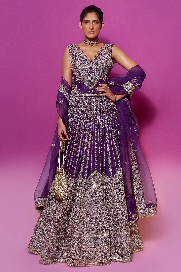 Purple Tussar Motif Embellished Bridal Lehenga Set by GOPI VAID at Pernia's Pop Up Shop