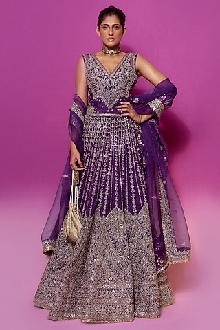 Purple Tussar Motif Embellished Lehenga Set by GOPI VAID