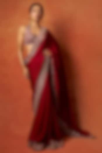 Red Georgette Mirror Embroidered Wedding Saree Set by GOPI VAID at Pernia's Pop Up Shop