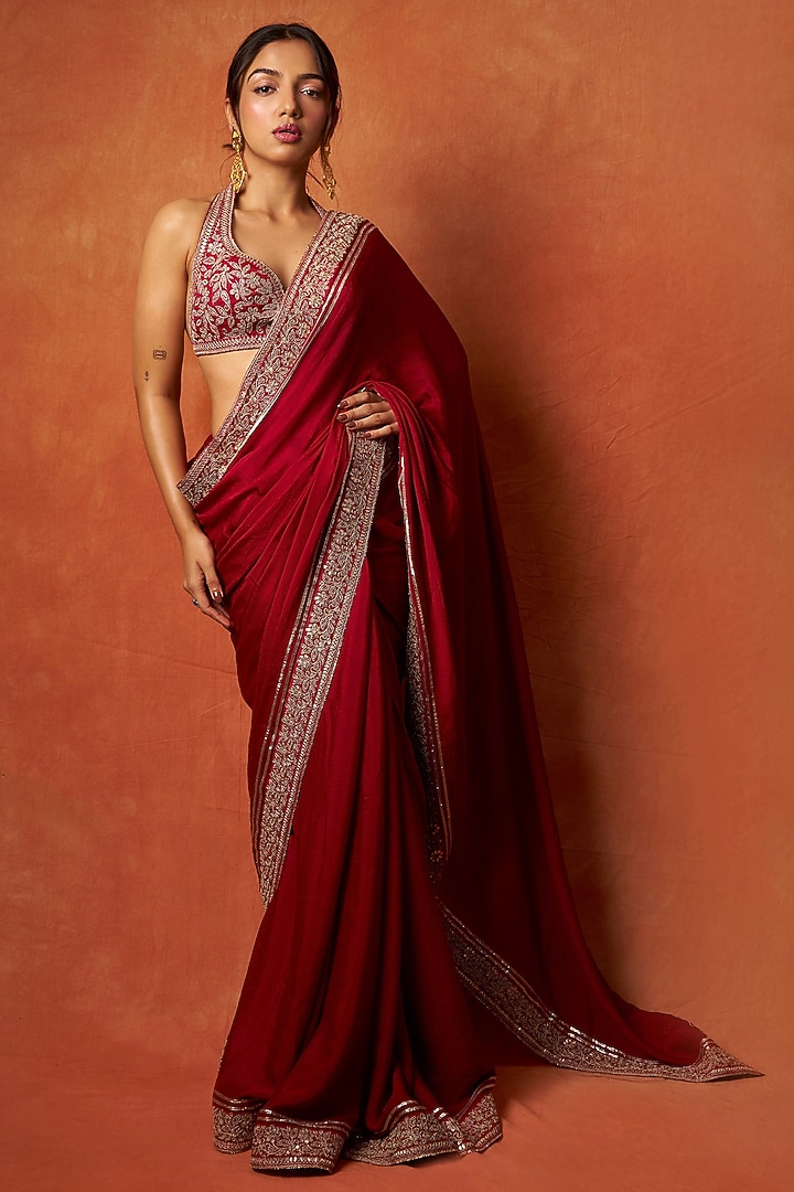 Red Georgette Mirror Embroidered Wedding Saree Set by GOPI VAID at Pernia's Pop Up Shop