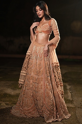 Champagne Tulle & Silk Velvet Zari Embroidered Bridal Lehenga Set by TUHINA SRIVASTAVA at Pernia's Pop Up Shop