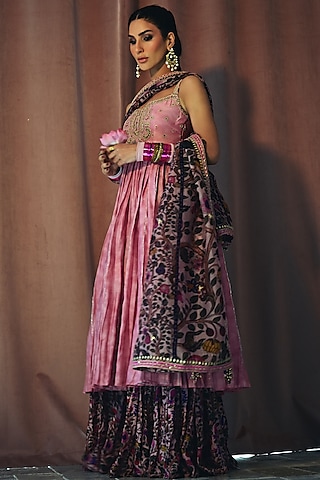 Dusty Pink Silk Chanderi Marodi Work Strappy Anarkali Set by Punit Balana
