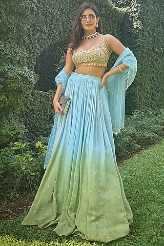 Basil Green Georgette Shaded Lehenga Set by Chamee and Palak