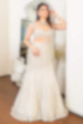 Silver Tulle Embellished Mermaid Skirt Reception Saree Set by DiyaRajvvir at Pernia's Pop Up Shop