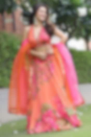 Orange & Pink Organza Floral Wedding Lehenga Set by Basil Leaf at Pernia's Pop Up Shop