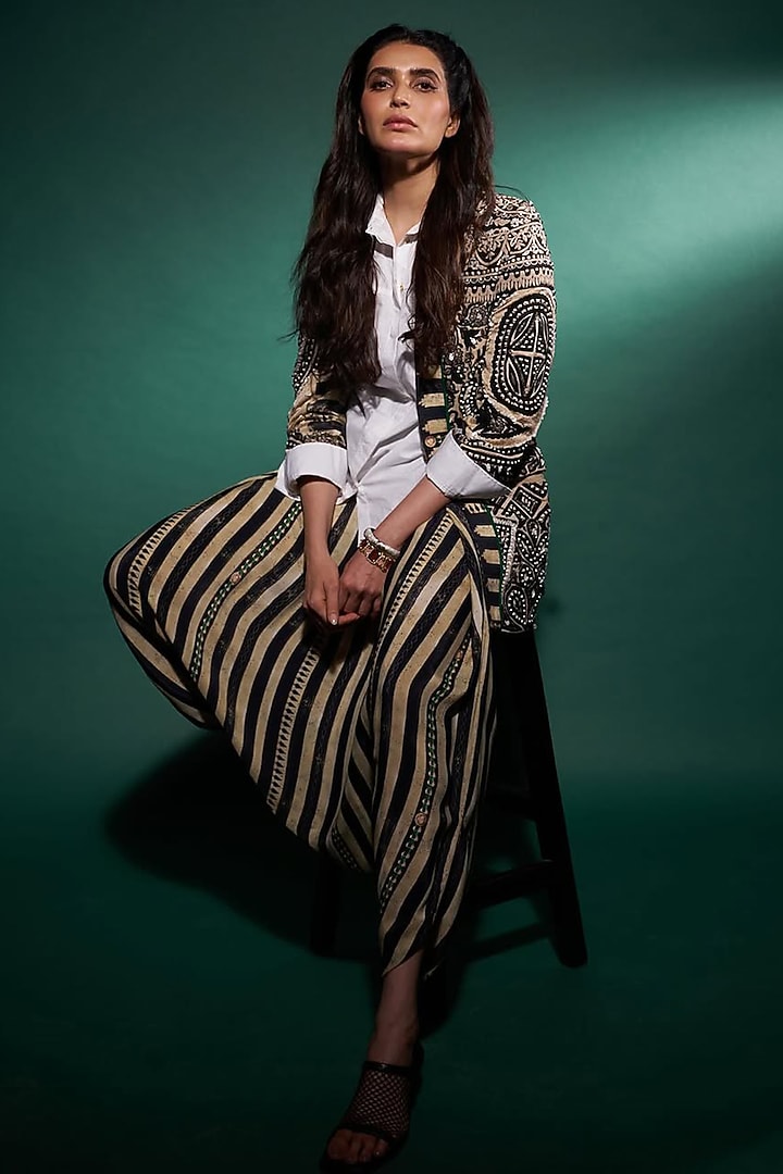 Black & White Slub Satin Embroidered Jacket Set by ASEEM KAPOOR at Pernia's Pop Up Shop