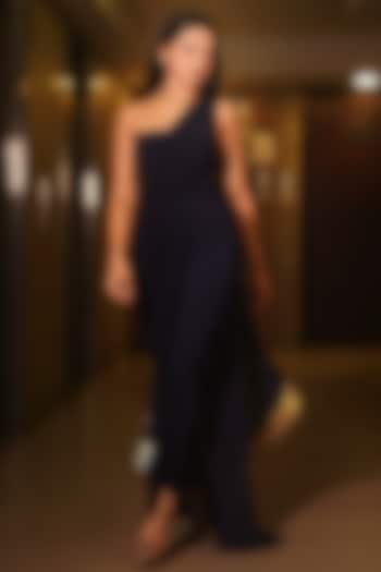 Blue Stretch Knit & Chiffon Flared One-Shoulder Party Wear Gown by CHAM CHAM at Pernia's Pop Up Shop