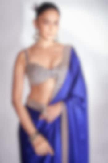 Persian Blue Satin Hand Embroidered Wedding Saree Set by Vvani By Vani Vats at Pernia's Pop Up Shop