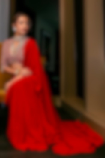 Red Georgette Pre-Draped Reception Saree Set by Jayanti Reddy at Pernia's Pop Up Shop