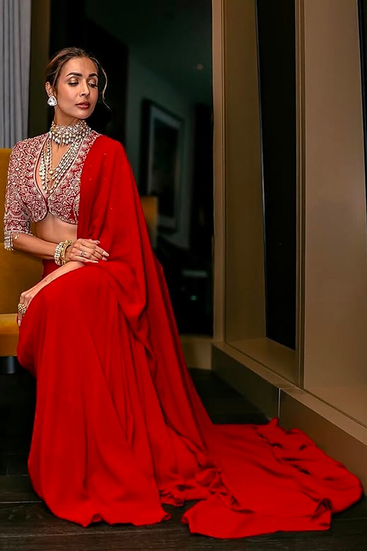 Red Georgette Pre-Draped Reception Saree Set by Jayanti Reddy at Pernia's Pop Up Shop