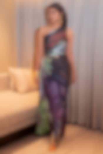 Multi-Colored Satin Printed Hand Micro Pleated One-Shoulder Maxi Vacation Dress by Saaksha & Kinni at Pernia's Pop Up Shop