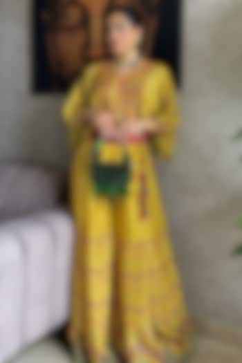 Mustard Vegan Slub Silk Palazzo Set by SHRADDHA RAMBHIA at Pernia's Pop Up Shop
