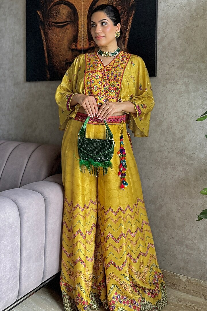 Mustard Vegan Slub Silk Palazzo Set by SHRADDHA RAMBHIA at Pernia's Pop Up Shop