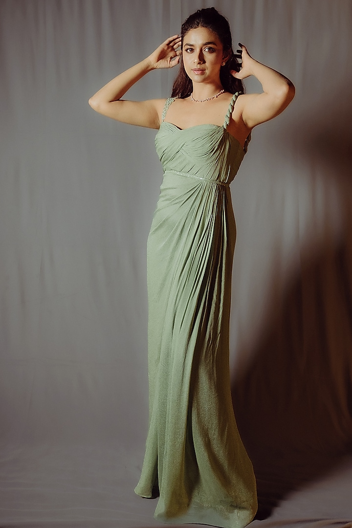 Sea Green Viscose Crepe Georgette Embellished Party Wear Gown by Parshya at Pernia's Pop Up Shop