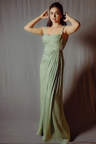 Sea Green Viscose Crepe Georgette Embellished Gown by Parshya