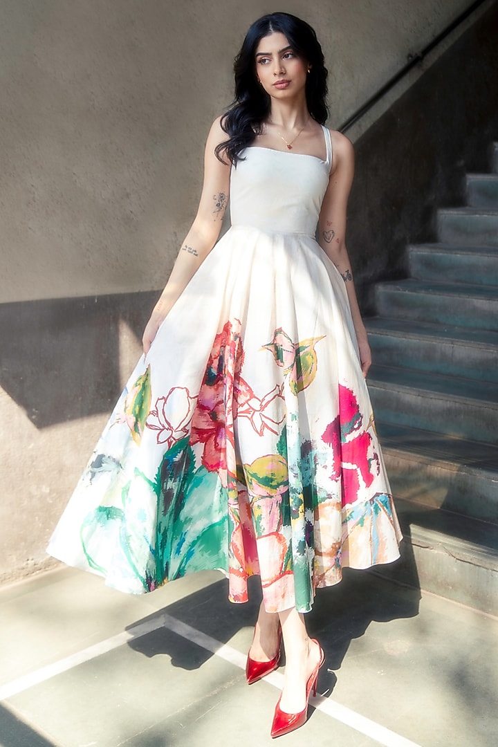 Ivory Poplin Floral Abstract Printed Midi Vacation Dress by Saaksha & Kinni at Pernia's Pop Up Shop