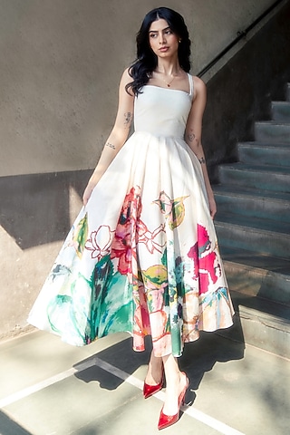 Ivory Poplin Floral Abstract Printed Midi Dress by Saaksha & Kinni