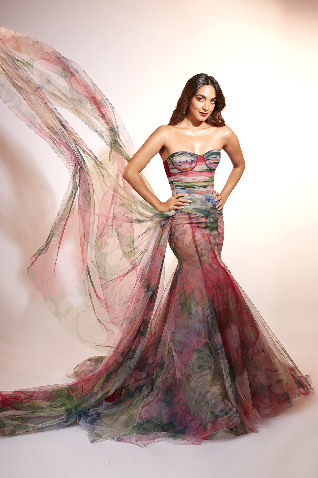 Gauri and Nainika Multi-Colored Net Dahlia Printed Draped Mermaid Gown